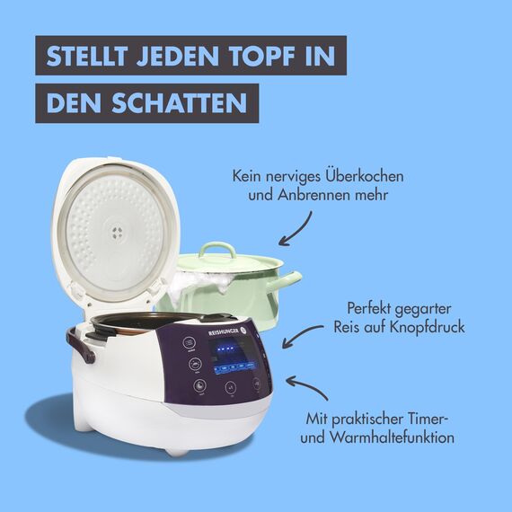 REISHUNGER Digitaler Reiskocher & Dampfgarer Weiß | 1,5 L bis 8 Personen | Warmhaltefunktion, Timer & Premium Innentopf | Multikocher, 12 Programme, 7-Phasen-Technologie