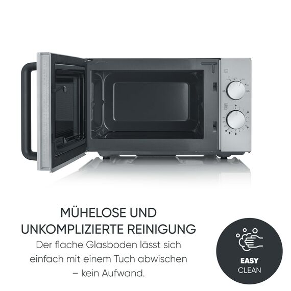 SEVERIN Solo-Mikrowelle mit Glasboden, ohne Drehteller, gleichmäßige Erwärmung, mit 6 Leistungsstufen, zwei Drehregler, 20 L, 800 Watt, matt/schwarz/Edelstahl, MW 9184