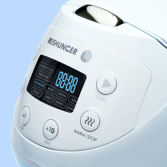 REISHUNGER Digitaler Reiskocher klein, hellblau | 0,6 L bis 3 Personen | Warmhaltefunktion, Timer & Premium Topf | Kleiner Multikocher & Dampfgarer, 8 Programme, 7-Phasen-Technologie