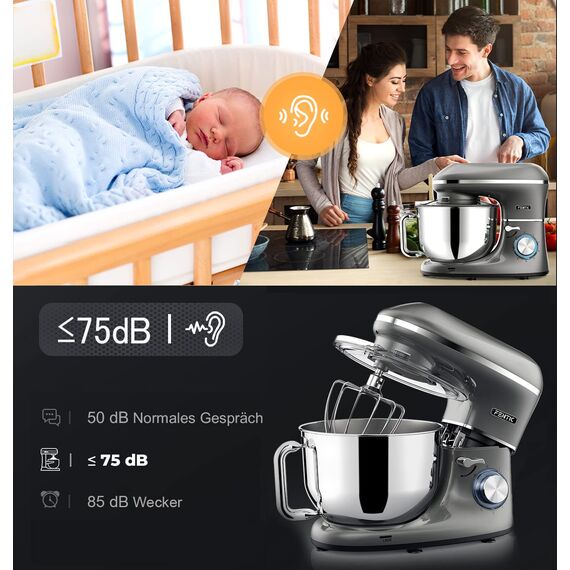 Fentic Küchenmaschine - 2000W - Edelstahl Rührschüssel (6,2 L) - Knetmaschine mit Rührhaken, Knethaken, Schlagbesen und Spritzschutz - Inkl. zusätzlichem Zubehör - Anthrazit