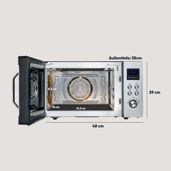 SEVERIN 3-in-1 Mikrowelle mit Glasboden, Grill und Heißluftfunktion, Mikrowelle mit großer Nutzfläche für eckiges Geschirr, Schwarz/Edelstahl, MW 7777