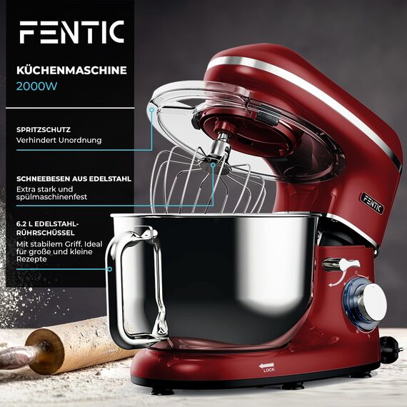 Fentic Küchenmaschine - 2000W - Edelstahl Rührschüssel (6,2 L) - Küchenmixer mit Rührhaken, Knethaken, Schlagbesen und Spritzschutz - Inkl. zusätzlichem Zubehör (Rot)