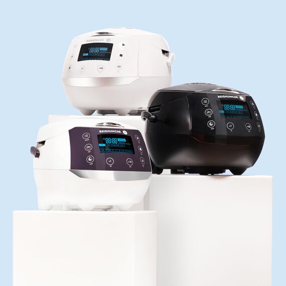 REISHUNGER Digitaler Reiskocher & Dampfgarer Weiß | 1,5 L bis 8 Personen | Warmhaltefunktion, Timer & Premium Innentopf | Multikocher, 12 Programme, 7-Phasen-Technologie