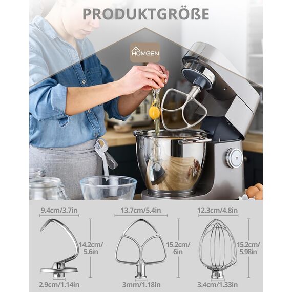HOMGEN 3 stück Mixeraufsätze für KitchenAid Standmixer 4.5-5 QT – Edelstahl Kitchenaid Mixer-Zubehör aus Stahl enthalten K45WW Schneebesen, K45DH Knethaken, K45B Flachrührer