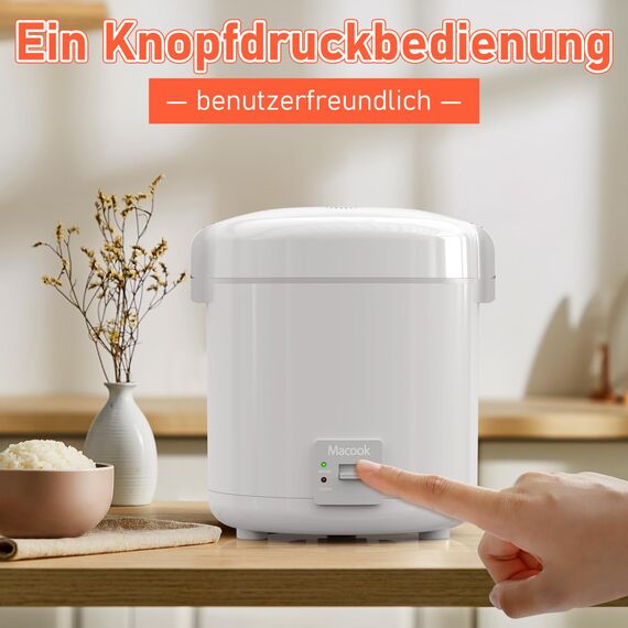 Macook Reiskocher Klein mit Keramik-Innentopf – für 1-2 Personen, (0.3 Liter, 1,5 Tassen), PFOA-frei, Ein-Knopf-Kochen & Warmhaltefunktion, inklusive Messbecher und Löffel, CFXB08-2