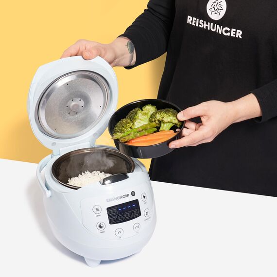 REISHUNGER Digitaler Reiskocher klein, hellblau | 0,6 L bis 3 Personen | Warmhaltefunktion, Timer & Premium Topf | Kleiner Multikocher & Dampfgarer, 8 Programme, 7-Phasen-Technologie