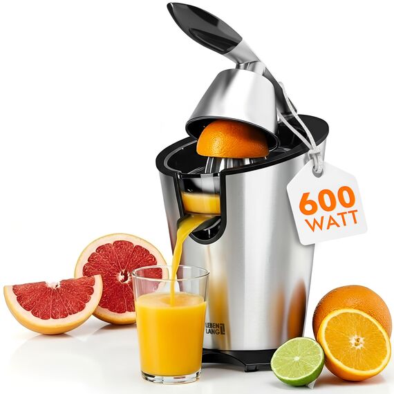 LEBENLANG Saftpresse elektrisch 600W - Inkl. Edelstahlkegel & BPA-Frei I Hohe Ergiebigkeit I Orangenpresse Zitruspresse Zitronenpresse Orangensaftpresse I Orange Juicer Press Zitronen