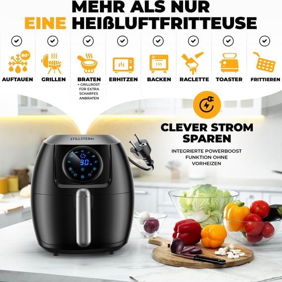 Stillstern Heißluftfritteuse 5L mit LED-Touchscreen, Timer [120Min], 7 Kochprogrammen, 120 Rezepte auf Deutsch, Brotbackkorb, Shake-Funktion, 1800W, Air Fryer XXL Friteuse Heissluftfritteuse ohne Öl