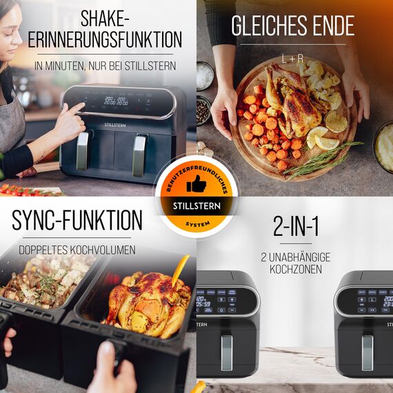 Stillstern Heißluftfritteuse 2 Kammern 8L Dual Zone Airfryer XXL, 2400W, Ausgezeichnet 1,2 (Sehr Gut), Fritteuse Air Fryer, Rezeptbuch, Auftauen&Warmhalten Heissluftfritteuse Doppelkammer, Air Fryers