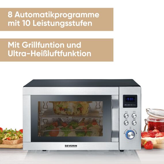 SEVERIN 3-in-1 Mikrowelle mit Glasboden, Grill und Heißluftfunktion, Mikrowelle mit großer Nutzfläche für eckiges Geschirr, Schwarz/Edelstahl, MW 7777