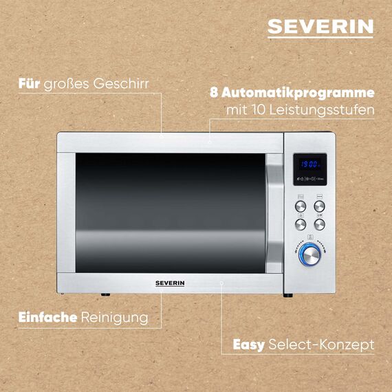 SEVERIN 3-in-1 Mikrowelle mit Glasboden, Grill und Heißluftfunktion, Mikrowelle mit großer Nutzfläche für eckiges Geschirr, Schwarz/Edelstahl, MW 7777