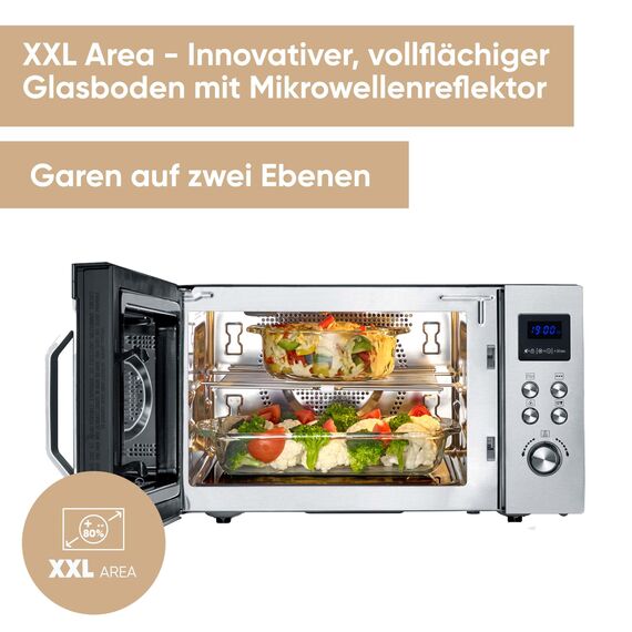 SEVERIN 3-in-1 Mikrowelle mit Glasboden, Grill und Heißluftfunktion, Mikrowelle mit großer Nutzfläche für eckiges Geschirr, Schwarz/Edelstahl, MW 7777