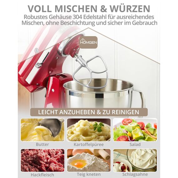 HOMGEN 3 stück Mixeraufsätze für KitchenAid Standmixer 4.5-5 QT – Edelstahl Kitchenaid Mixer-Zubehör aus Stahl enthalten K45WW Schneebesen, K45DH Knethaken, K45B Flachrührer