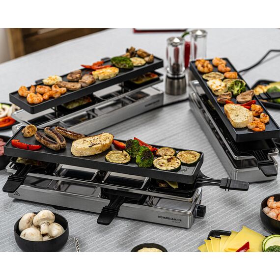 ROMMELSBACHER RC 800 Raclette-Grill fun for 4 (Tischgrill, für 4 Personen, erweiterbar, Parkdeck, Alu-Druckguss-Grillplatte mit Xylan Plus Antihaftbeschichtung, 730 W) silber