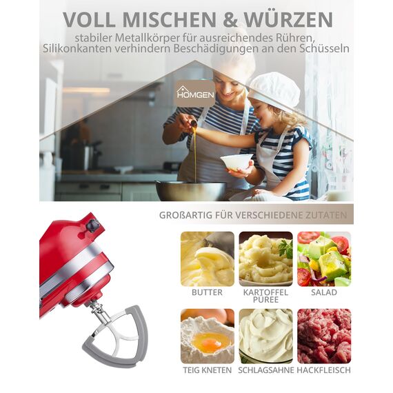 HOMGEN Flachrührer-Aufsatz aus Edelstahl für KitchenAid 4,5-5 Quart Kitchenaid Standmixer mit kippbarem Kopf, Ersatzschläger, Zubehör mit Haken