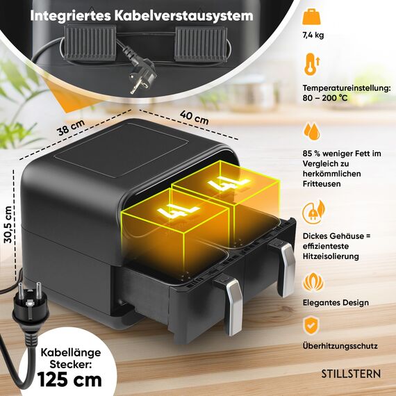 Stillstern Heißluftfritteuse 2 Kammern 8L Dual Zone Airfryer XXL, 2400W, Ausgezeichnet 1,2 (Sehr Gut), Fritteuse Air Fryer, Rezeptbuch, Auftauen&Warmhalten Heissluftfritteuse Doppelkammer, Air Fryers
