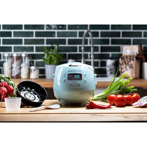 REISHUNGER Digitaler Reiskocher klein, mint| 0,6 L bis 3 Personen | Warmhaltefunktion, Timer & Premium Topf | Kleiner Multikocher & Dampfgarer, 8 Programme, 7-Phasen-Technologie