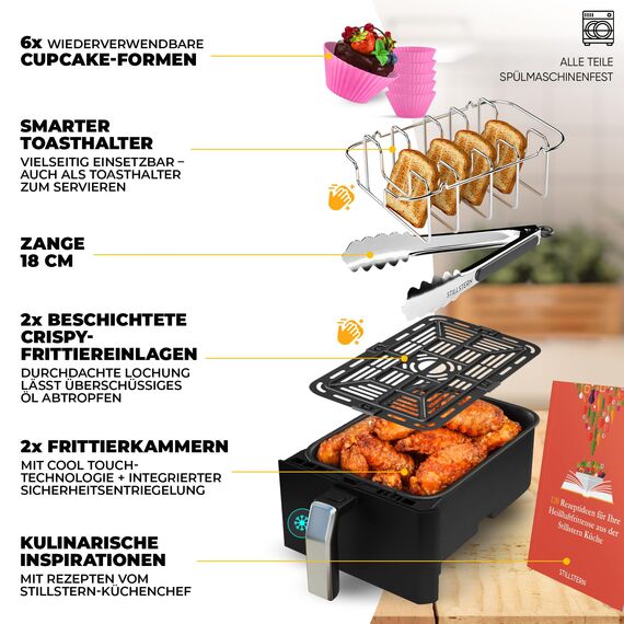 Stillstern Heißluftfritteuse 2 Kammern 8L Dual Zone Airfryer XXL, 2400W, Ausgezeichnet 1,2 (Sehr Gut), Fritteuse Air Fryer, Rezeptbuch, Auftauen&Warmhalten Heissluftfritteuse Doppelkammer, Air Fryers
