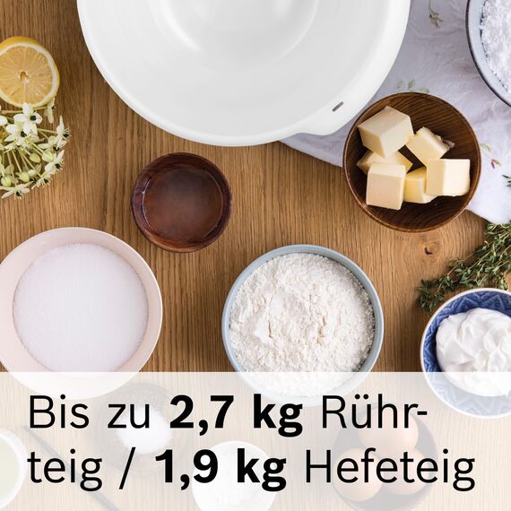 Bosch Kunststoff-Rührschüssel MUZ5KR1, Zubehör passend für Küchenmaschine Serie 4, 3,9 Liter, max. Teigmenge 2,7 kg, bpa-frei, spülmaschinenfest, weiß