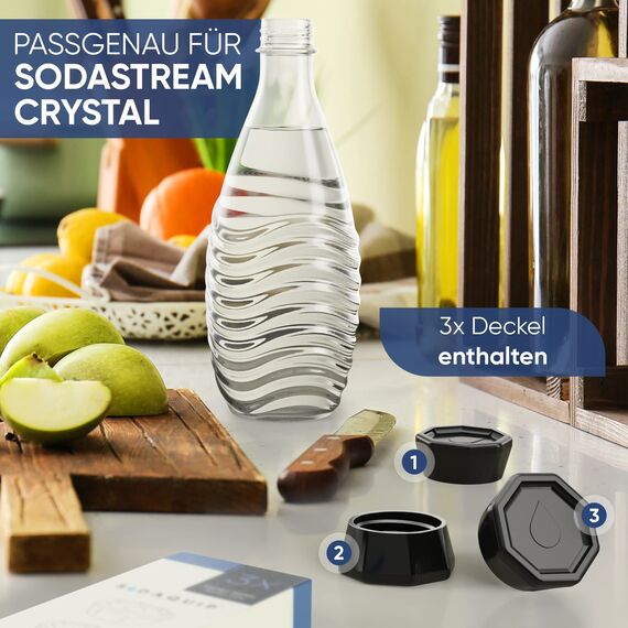 Sodaquip® Deckel für Sodastream Glasflaschen Crystal & Penguin aus Premium Kunststoff - 3x moderne Deckel für Sodastream Glasflasche - Ersatzdeckel, Verschluss, Flaschendeckel (3x Schwarz)