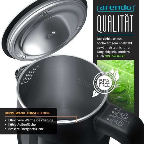 Arendo 0.5l Edelstahl Wasserkocher mit Temperatureinstellung im Doppelwand-Design - 0,5l Wasser-Füllmenge - 5 Temperaturstufen einstellbar - Single Teekocher - Warmhaltefunktion - Energiesparend