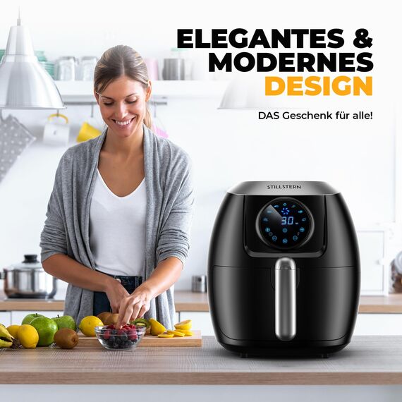 Stillstern Heißluftfritteuse 5L mit LED-Touchscreen, Timer [120Min], 7 Kochprogrammen, 120 Rezepte auf Deutsch, Brotbackkorb, Shake-Funktion, 1800W, Air Fryer XXL Friteuse Heissluftfritteuse ohne Öl