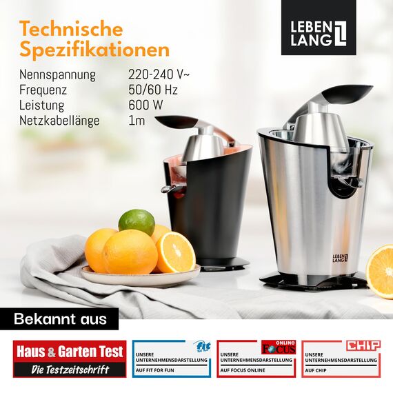 LEBENLANG Orangenpresse elektrische Edelstahl 600W - Inkl. Edelstahlkegel & BPA-Frei I Hohe Saftausbeute für Orangen & Zitronen I Elektrische Saftpresse elektrisch Entsafter Zitruspresse Fruchtpresse