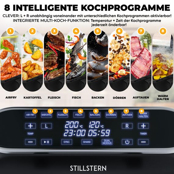Stillstern Heißluftfritteuse 2 Kammern 8L Dual Zone Airfryer XXL, 2400W, Ausgezeichnet 1,2 (Sehr Gut), Fritteuse Air Fryer, Rezeptbuch, Auftauen&Warmhalten Heissluftfritteuse Doppelkammer, Air Fryers
