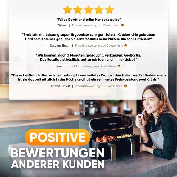 Stillstern Heißluftfritteuse 2 Kammern 8L Dual Zone Airfryer XXL, 2400W, Ausgezeichnet 1,2 (Sehr Gut), Fritteuse Air Fryer, Rezeptbuch, Auftauen&Warmhalten Heissluftfritteuse Doppelkammer, Air Fryers