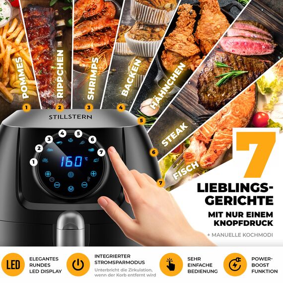 Stillstern Heißluftfritteuse 5L mit LED-Touchscreen, Timer [120Min], 7 Kochprogrammen, 120 Rezepte auf Deutsch, Brotbackkorb, Shake-Funktion, 1800W, Air Fryer XXL Friteuse Heissluftfritteuse ohne Öl