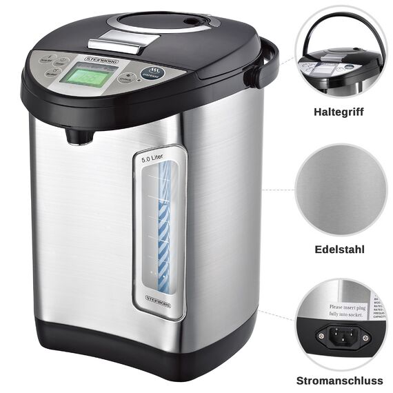 Thermopot 5 Liter | Wasserspender | LC Display | Perfekt für Glühwein geeignet | Edelstahl Heißwasserspender | Wasserkocher Glühweinkocher Dispender | Teekocher | Thermoskanne | Glühweinspender