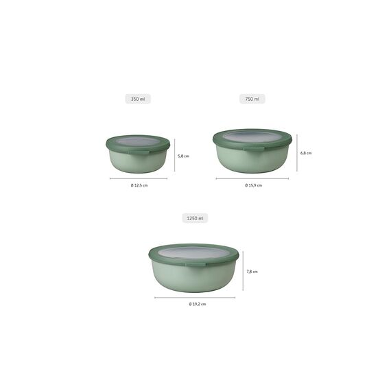 Mepal Multischale Cirqula Round 3-teiliges Set - Mikrowellen Geschir - Geignet als Aufbewahrungsbox, Kuhlschrank, Gefrierschrank & Mikrowellengeschirr - 350 ml, 750 ml & 1250 ml - Nordic sage