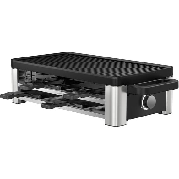 WMF Lono Selection Raclette Grill 8 Personen – Hochwertiger Cromargan Edelstahl, 1500W Leistung, keramikbeschichtete Grillplatte, 8 Pfännchen und Spatel, Temperaturregelung und Ablage