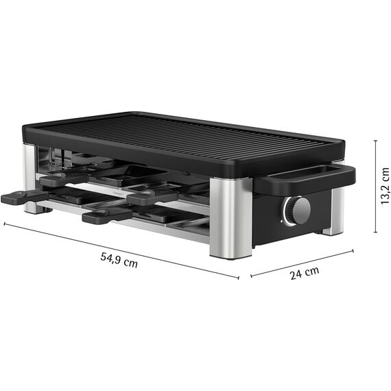 WMF Lono Selection Raclette Grill 8 Personen – Hochwertiger Cromargan Edelstahl, 1500W Leistung, keramikbeschichtete Grillplatte, 8 Pfännchen und Spatel, Temperaturregelung und Ablage