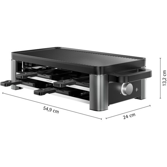 WMF Master Raclette Grill mit Keramikpfännchen und Schiebern, Raclette 8 Personen, 1500 W, mit Ablage, variable Temperaturkontrolle, antihaftbeschichtet, spülmaschinengeeignet, edelstahl schwarz matt