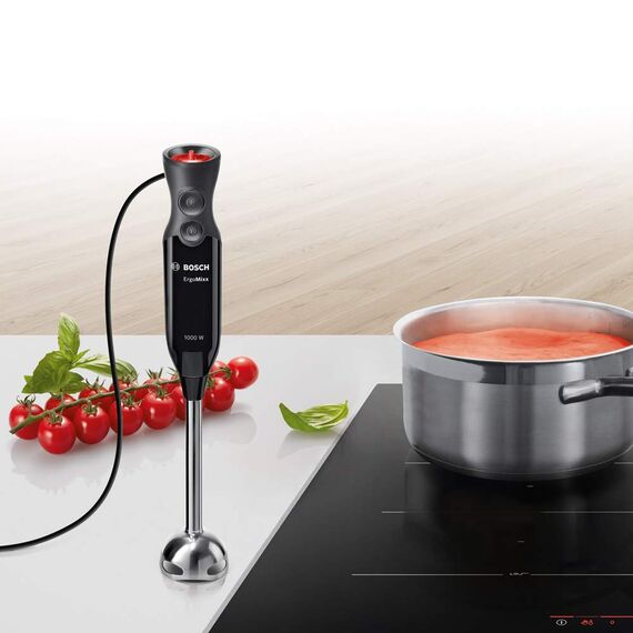 Bosch Stabmixer ErgoMixx MS6CB6110, Edelstahl-Mixfuß, Mix- und Messbecher, 4-Klingen-Messer, leichtes Gehäuse, 12 Stufen plus Turbostufe, einfache Reinigung, 1000 W, schwarz/anthrazit