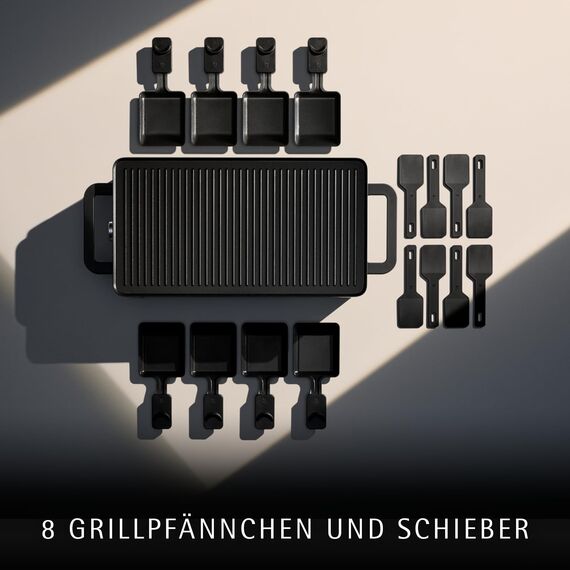 WMF Lono Selection Raclette Grill 8 Personen – Hochwertiger Cromargan Edelstahl, 1500W Leistung, keramikbeschichtete Grillplatte, 8 Pfännchen und Spatel, Temperaturregelung und Ablage