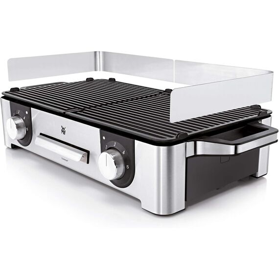 WMF Lono Master-Grill, Elektrogrill, 50x28 cm, Elektrogrill Tischgrill mit Windschutz und Auffangschale, Outdoorzertifiziert für Barbecue, 2 getrennt regulierbare Grillflächen, 2400 W, edelstahl matt