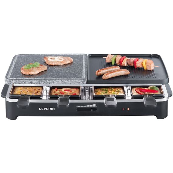 SEVERIN RG 2341 Raclette-Partygrill (ca. 1.500 W, mit Naturgrillstein und Wendegussplatte, Inkl. 8 Pfännchen)