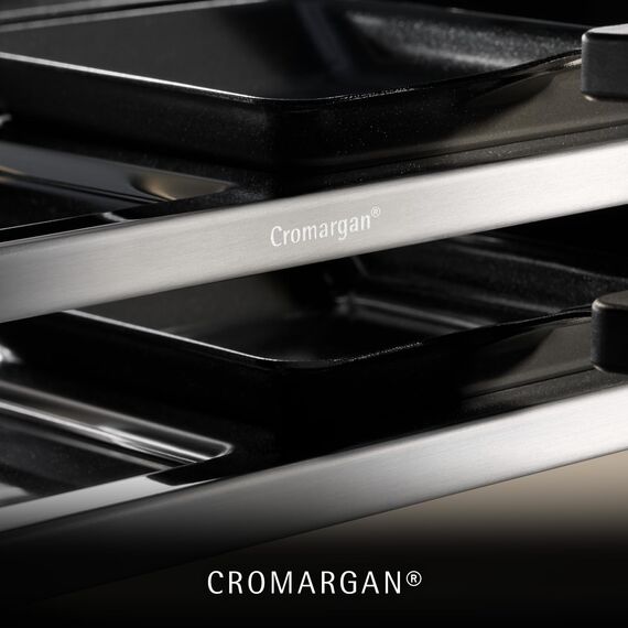 WMF Lono Selection Raclette Grill 8 Personen – Hochwertiger Cromargan Edelstahl, 1500W Leistung, keramikbeschichtete Grillplatte, 8 Pfännchen und Spatel, Temperaturregelung und Ablage