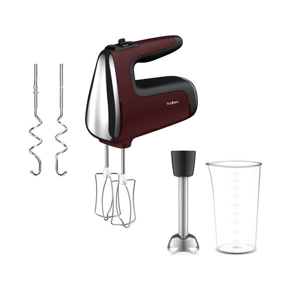 Tefal HT6525 Powermix Silence Handmixer | 600 W Leistung | offener Griff | Geschwindigkeitsstufen + Turbo-Funktion | 2 Schneebesen + 2 Knethaken aus Edelstahl | Stabmixer-Aufsatz aus Edelstahl | Rot