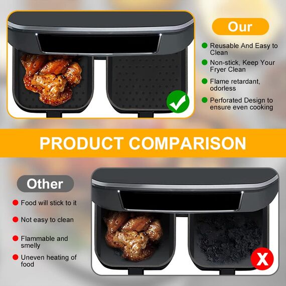 Vicloon Air Fryer Matten Liners,2 Stück Air Fryer Liner,perforierte Ausführung,Wiederverwendbar,Easy Clean Luftfritteuse Pad Antihaft Silikon Zubehör for Ninja,5.3x7.87 Zoll-Schwarz