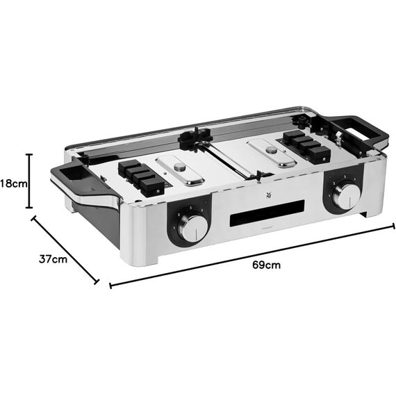 WMF Lono Master-Grill, Elektrogrill, 50x28 cm, Elektrogrill Tischgrill mit Windschutz und Auffangschale, Outdoorzertifiziert für Barbecue, 2 getrennt regulierbare Grillflächen, 2400 W, edelstahl matt