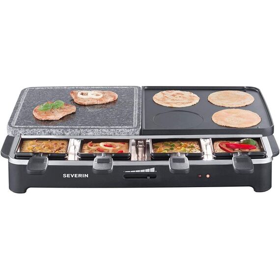 SEVERIN RG 2341 Raclette-Partygrill (ca. 1.500 W, mit Naturgrillstein und Wendegussplatte, Inkl. 8 Pfännchen)