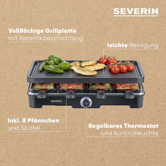 Severin Raclette-Grill, mit großer Grillplatte, Keramik- & Antihaftbeschichtung, 8 Raclette Pfännchen & 8 Spatel, Tischgrill für bis zu 8 Personen, 1.400 W Leistung, schwarz, RG 9670
