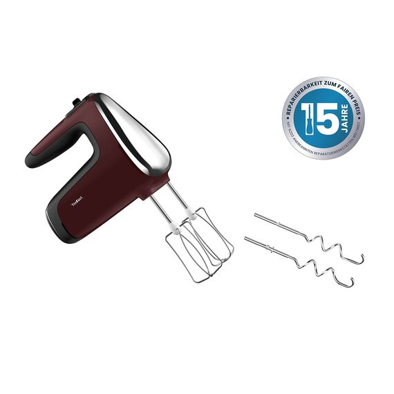 Tefal HT6525 Powermix Silence Handmixer | 600 W Leistung | offener Griff | Geschwindigkeitsstufen + Turbo-Funktion | 2 Schneebesen + 2 Knethaken aus Edelstahl | Stabmixer-Aufsatz aus Edelstahl | Rot