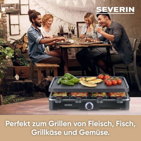 Severin Raclette-Grill, mit großer Grillplatte, Keramik- & Antihaftbeschichtung, 8 Raclette Pfännchen & 8 Spatel, Tischgrill für bis zu 8 Personen, 1.400 W Leistung, schwarz, RG 9670