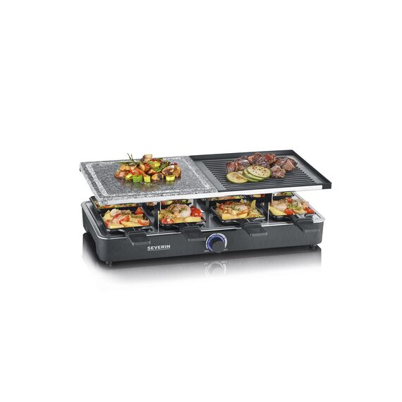 SEVERIN Raclette-Grill mit Naturgrillstein und Grillplatte, Raclette mit antihaftbeschichteter Grillplatte und 8 Pfännchen, Tischgrill für 8 Personen, max. 1300 W, schwarz, RG 2371