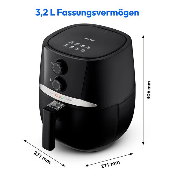 MEDION E20 L Heißluftfritteuse (3,2 Liter Frittierkorb, ca. 1400 Watt, einfache Bedienung, ölfreies Frittieren, 30 Min Timer, Überhitzungsschutz, MD10711) schwarz
