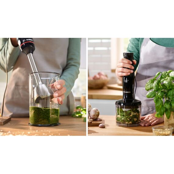 Bosch Stabmixer ErgoMaster Serie 4, mit Zerkleinerer, Mix-/Messbecher, Edelstahl-Klingen, langlebig, verschleißfreie Keramik-Kupplung, 1000 Watt, schwarz, MSM4B620